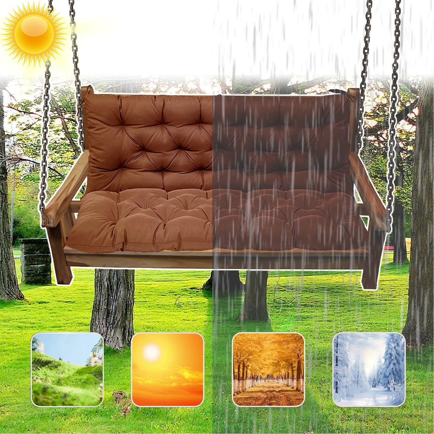 Waterproof Swing Cushions 3 Seater Replacement, Outdoor Thickened Bench Cushion with Ties, Waterproof Overstuffed Bench Cushion for Patio Porch Garden Backyard