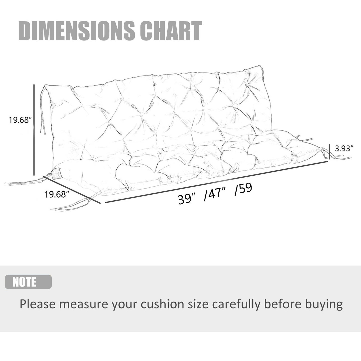 Waterproof Swing Cushions 3 Seater Replacement, Outdoor Thickened Bench Cushion with Ties, Waterproof Overstuffed Bench Cushion for Patio Porch Garden Backyard