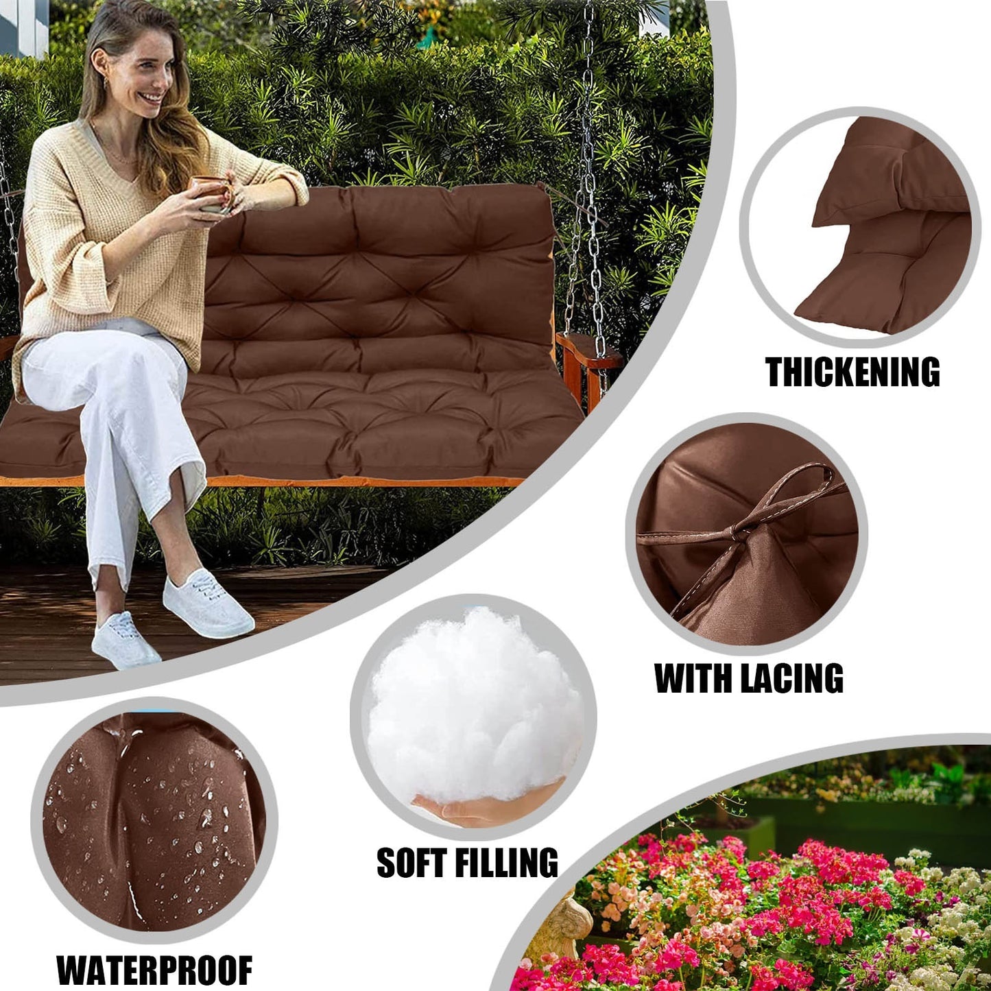 Waterproof Swing Cushions 3 Seater Replacement, Outdoor Thickened Bench Cushion with Ties, Waterproof Overstuffed Bench Cushion for Patio Porch Garden Backyard