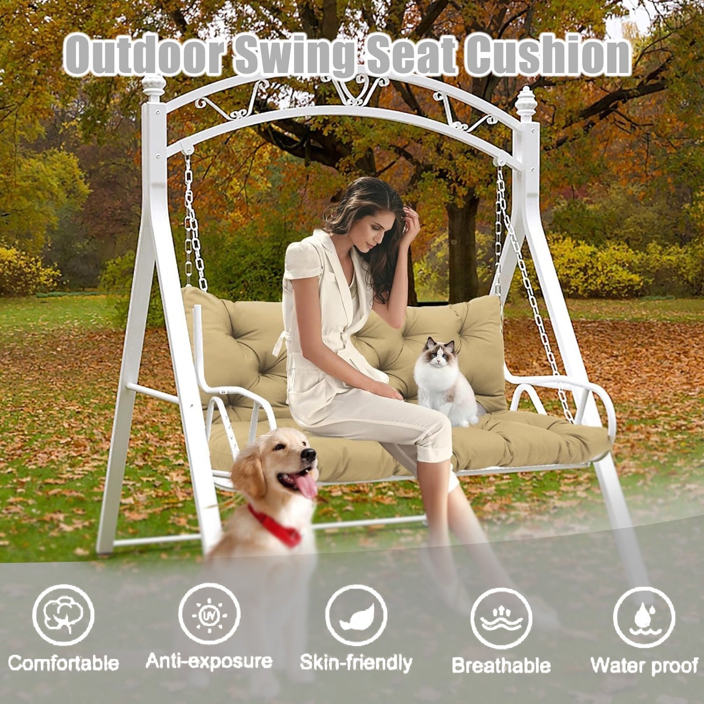 Waterproof Swing Cushions 3 Seater Replacement, Outdoor Thickened Bench Cushion with Ties, Waterproof Overstuffed Bench Cushion for Patio Porch Garden Backyard